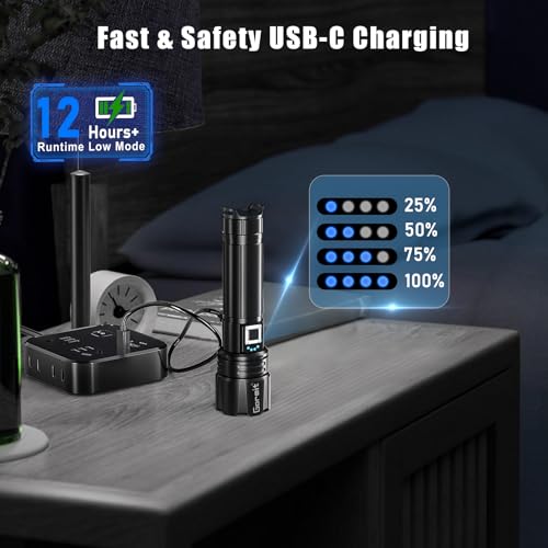 Image of Goreit Super Bright LED Flashlight - 30W Output for 50000 Lumens & 3937ft Beam, USB-C Rechargeable with 12H Runtime, IP67 Waterproof Powerful Handheld Linternas for Home, Camping, Hiking, Emergency