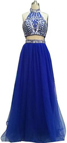 Snow Lotus Women's High Collar Two-Piece Diamond Long Prom Dresses Sapphire