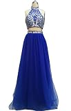 Snow Lotus Women's High Collar Two-Piece Diamond Long Prom Dresses Sapphire