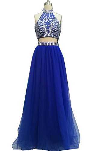 Snow Lotus Women's High Collar Two-Piece Diamond Long Prom Dresses Sapphire #TOP2