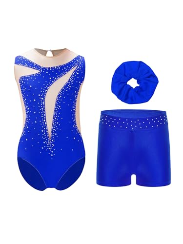 Xnihocha Maillot de gimnasia para niña con pantalones cortos y cinta para el pelo, juego de acrobacias sin mangas, traje de gimnasia, azul, 170 cm
