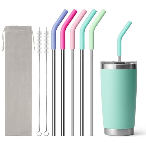 Image of Stainless Steel Straw for 20 oz YETI Tumbler, 8.5in Metal Straight Straws Reusable with Silicone Tip for Milk, Juice, Cola, Coffee- 2 Cleaning Brushes & 1 Portable Bag