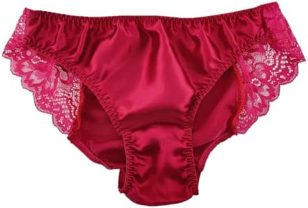 Womens Sexy Lingerie Lace Pure Silk String Briefs Lace Bikini Satin Panties 100％ Pure Mulberry Silk Underwear Red