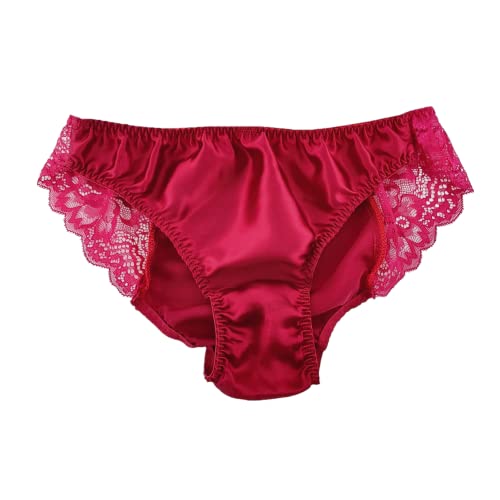 Womens Sexy Lingerie Lace Pure Silk String Briefs Lace Bikini Satin Panties 100％ Pure Mulberry Silk Underwear Red #TOP5