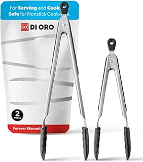 DI ORO® Kitchen Tong Set  Stainless Steel with Non-Stick 250°C Heat-Resistant Silicone Tips  Great Tool for Cooking, Serving, and Barbecuing - Dishwasher Safe (2-Piece Set Black)