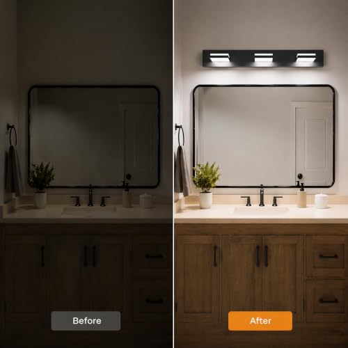 Image of Black Modern LED Bathroom Vanity Light Fixtures over Mirror (22 in 3-Light) | Rotatable Heads, Dimmer Compatible, Wall Mount, Square Shape Design