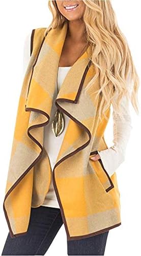 Unidear Womens Casual Asymetric Hem Open Front Plaid Sleeveless Lapel Vest Down Jacket Yellow M