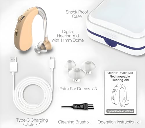 Image of Aika AV-8202 Rechargeable Hearing Aid Amplifier Machine For Old Age, Digital BTE Model with Dual Noise Reduction (1Piece, Beige, For Single Ear), 1 Dry Kit Free