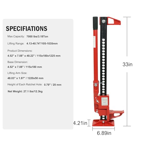 Farm Jack 33 inch Ratcheting Off Road Utility Farm Jack, 3 Ton (6,000 lb) Capacity Farm Jack Ideal for Car/Truck/ATV/SUV and More