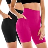 Leafigure 2 Pack Womens Biker Shorts with Pockets, High Waisted Tummy Control Yoga Shorts for Women Running Gym and Workout Black/Rose L-XL
