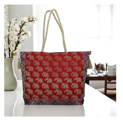 Image of Hand Purse | Traditional Hand Purse | Silk Wallet Hand Bag | Shagun HandPurse | Gifts HandBag | Golden Handle Tote Handbag | Brocade Shoulder Bag | 16 INCH