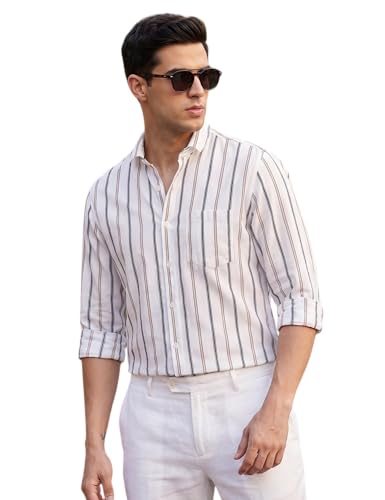 Image of IndoPrimo Men's White Striped Slim Fit Casual Shirt | Premium Cotton Full Sleeve Button-Down Shirt with Chest Pocket | Stylish Office