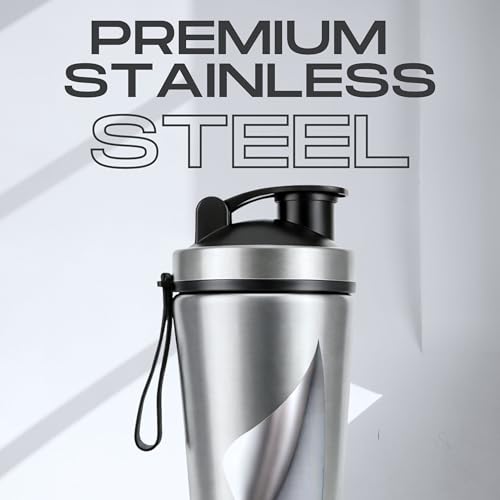 Image of Speedex YouFit Stainless Steel Gym Shaker Bottle 750ml with Mixing Ball | Leakproof Protein Shaker for Gym, Wide Mouth, Measurement Markings, Carry Loop Flip Cap | Metal Shaker for Men & Women, Silver