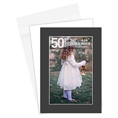 Golden State Art, Pack of 50 Black Pre-Cut 5x7 Picture Mat for 4x6 Photo with White Core Bevel Cut Mattes Sets. Includes 50 High Premier Acid Free Matts & 50 Backing Backers Board & 50 Clear Bags