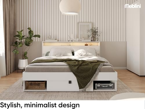 MEBLINI Funktionsbett 180x200 SMARTEE mit Lattenrost aus Holz - Schrankbett mit LED - Bett mit Stauraum - Doppelbett mit Schubladen - Stauraumbett - Bettkästen mit Aufbewahrung - Weiß/Schwarz – Bild 4