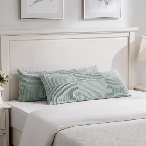 Image of Fancy Homi Set of 2 Grey Blue Boho Long Lumbar Body Decorative Throw Pillow Cover 14x36 Inch for Bed Couch Bedroom Bench, Soft Patchwork Corduroy Textured Pillow Case, Rustic Farmhouse Room Decor