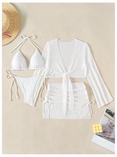 SHENHE Women's 4 Piece Swimsuit Fishnet Triangle Halter String Bikini Set with Cover Up Top Skirt2