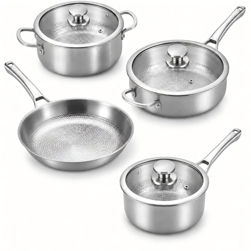 STEHEMO 7Pcs Titanium Pans Set Titanium Hammered Pro with Lids No Coating Skillet for Cooking Non-Toxic PFOA/PFAS/PTFE Free Titanium Cookware Non Stick Frying Pan for All Stoves