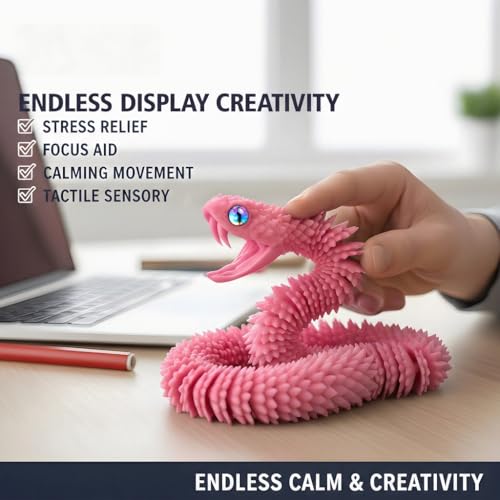Image of 3D Printed Pink Viper Snake, 23 inch Glow in the Dark Articulated Snake Sculpture with Movable Jaw & Fangs, PLA Desk Decor for Display Shelves & Adult Collectors