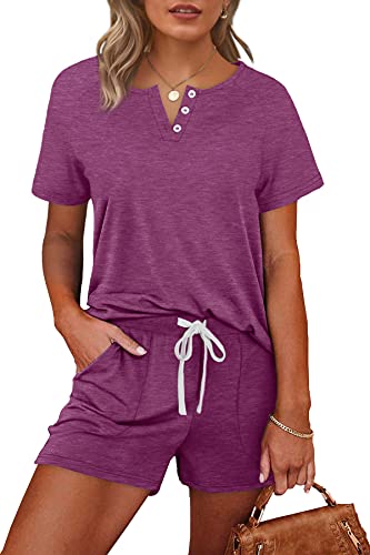 Lounge sets for women pajama shorts and top set v neck plum 2x