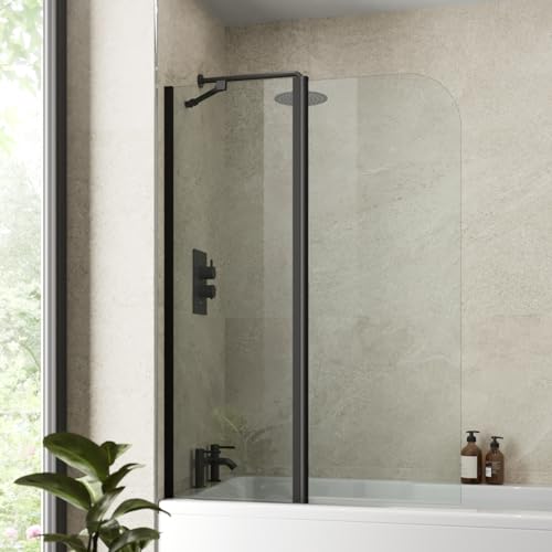 Luxura® 1000 x 1400mm Black 2 Section Folding Over Bath Shower Screen Door 6mm Clear Toughened Safety Glass Panel 180° Pivot Bathroom Hinged Framed Bath Screens
