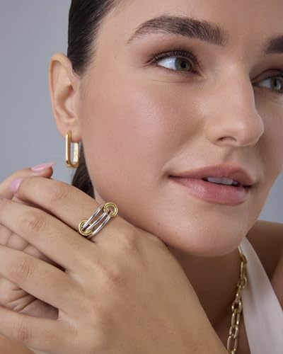 PAVOI 14K Gold Plated Interlocked Stackable Rings for Women - Statement Mixed Metals Multi Ring Stack - Two-Toned Stacking Bands4