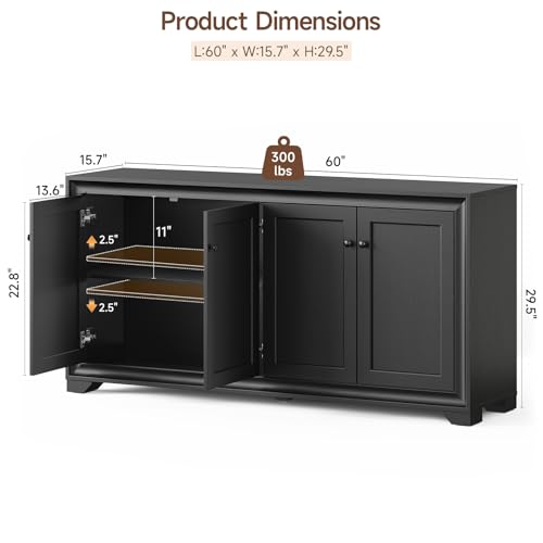 ONBRILL 60" Buffet Cabinet with Storage, 4 Doors Sideboard Buffet Cabinet with Adjustable Shelves, Modern Coffee Bar Console Table for Living Room, Kitchen, Entryway, Black