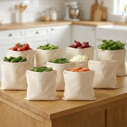 Image of 100% Cotton Reusable Vegetable Storage Bags for Fridge | 15 Pcs Washable Breathable Zipper Cloth Bags | Eco Friendly Kitchen Organizer for Fruits & Veggies