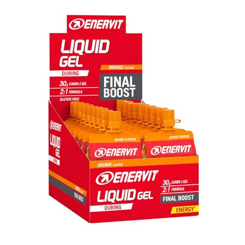 ENERVIT, Gel Líquido de Naranja, Idóneo para Deportes de Resistencia, Aporta 30 Gramos de Hidratos de Carbono, con Maltodextrina, Fructosa y Vitamina B1, Envase de 18 de 60 Mililitros