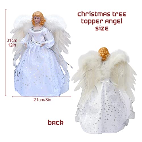 Christmas Angel Tree Topper With White Feather Wings,Christmas Tree Topper With Light For Tree Toppers Ornament Decoration(Silver) #TOP6