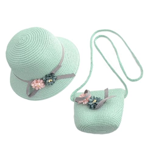 Conjunto de playa para niñas con sombrero verde de paja y bolso bandolera para las vacaciones
