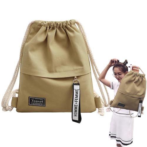 Canvas Drawstring Sports Bag | Portable Gym Backpack for School, Travel | Lightweight Sack for Men, Women, Kids, Khaki2