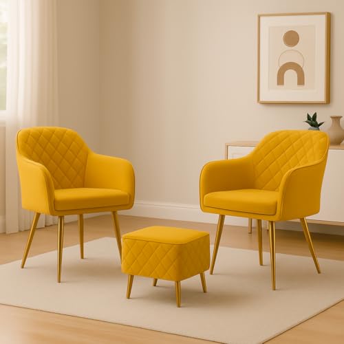 Image of Barfi Velvet Dining Chair | Set of 2 Premium Modern Upholstered Accent Chair with Armrest, Padded Seat and Metal Legs | Comfy Chair for Home, Office & Restaurents | (Yellow with Puffy)