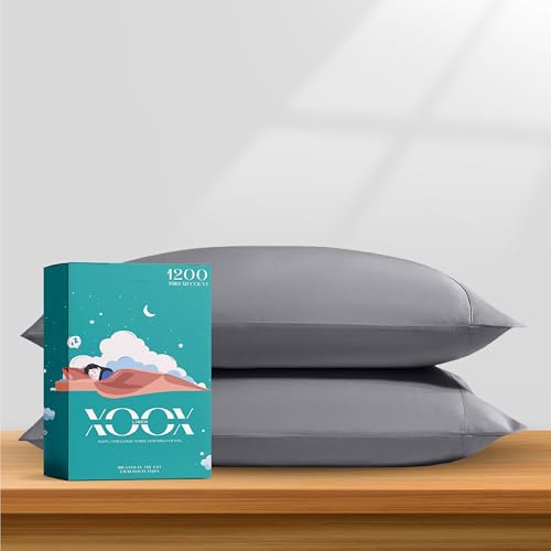 XOOX Linen 100% Egyptian Cotton Pillow Cases Standard/Queen Size Set of 2 - Luxury 1200 Thread Count Sateen Dark Grey Pillow Cases, Silky Soft Cooling Pillowcases Fits Standard & Queen Size Pillows