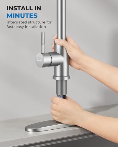 Image of WEWE 14.5-Inch Tall Stainless Steel Kitchen Faucet with Pull Out Sprayer, Brushed Nickel 360 Swivel Sink Faucet with Single Handle for Kitchen /Utility /Laundry /Bar Sink, 1 or 3 Hole