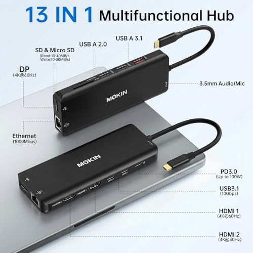 Image of USB C Laptop Docking Station Dual Monitor Dual HDMI 4K DP Triple Display Hub, 13 in 1 MOKiN USB C Hub with 3 Monitors, DisplayPort, USB 3.1, RJ45, 100W PD, Card Reader, Audio /Mic, for Dell HP, Black