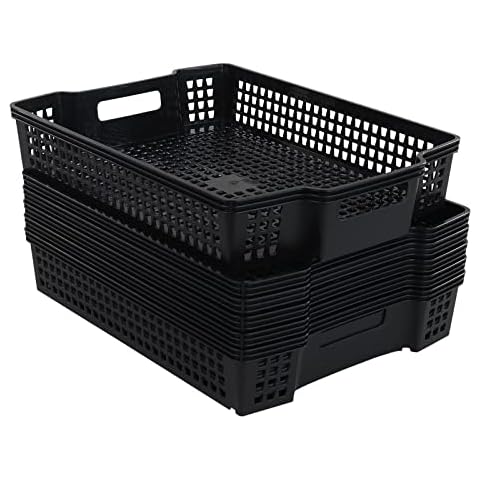 Bringer Set of 6 Stacking Plastic Storage Basket Tray, Black Cover