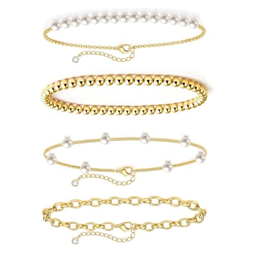 Gold and Pearl Bracelet Stack for Women, 4-Piece 14K Gold Plated Adjustable Beaded Jewelry Set for Layering, Hypoallergenic and Tarnish Resistant - Ioklin