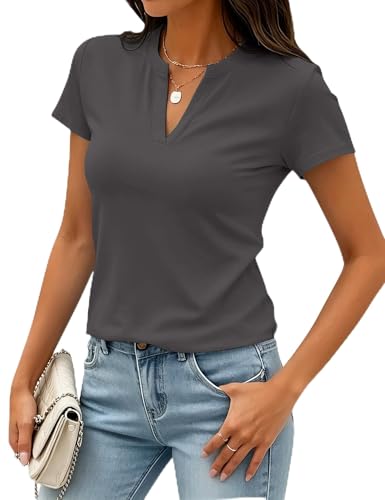 Image of Meetrendi Women's Notch V Neck T-Shirt Slim Fit Premium Cotton Blend Short Top