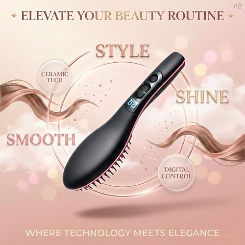 Image of Ceramic Hair Straightener Brush with Digital Display & Temperature Control, Quick Heating Anti-Frizz Straightening Brush, Gift for Women, Girls & Salon Professionals