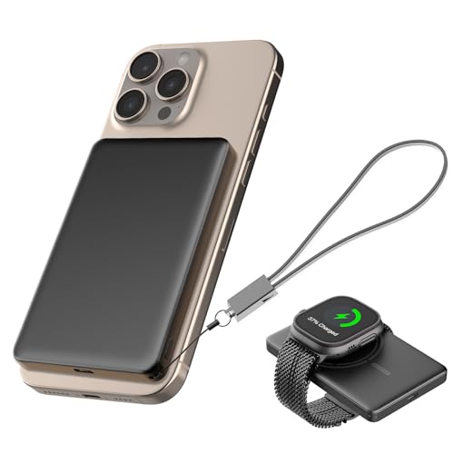 JUOVI Magnetico Wireless Power Bank, Ultra-Slim 5000mAh Piccolo Caricatore Portatile 20W PD Ricarica Rapida Mini Batteria Esterna con Cavo USB C per MagSafe i-Watch iphone 16 15 (Nero, 20W)