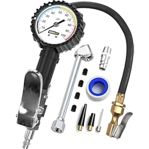 Tire Inflator with Pressure Gauge and Longer Hose – Most Accurate, Heavy Duty Air Chuck with Gauge for Air Compressor Tire Inflator Attachment – 100PSI