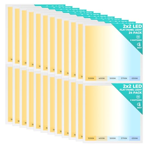 24 Pack 2x2 LED Flat Panel Light, Dimmable Lay-in Recessed for Drop Ceiling Grids, 6500LM, 30-50W Selectable, 5 CCT (3000K-6500K)