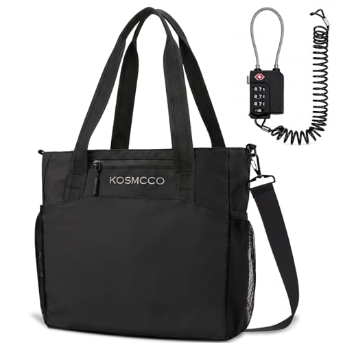 KOSMCCO Beach Tote Bag with Lockable Security Cable, Black