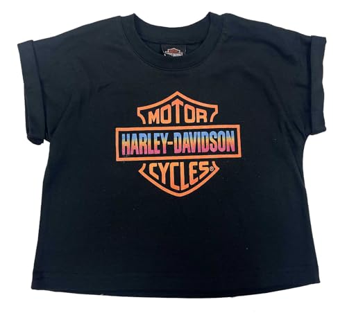 Harley-Davidson Big Girls' Glittery Logo Short Sleeve Boxy Tee, Solid Black