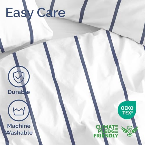 Image of Duvet Cover King Size - Stripe Duvet Cover Set - 3 Piece - Navy Stripe | Soft Stripe Duvet Cover 104 x 90 with 2 Pillow Shams, Comfy Stripe Bedding Set, Hotel Luxury with Zipper Closures & Ties