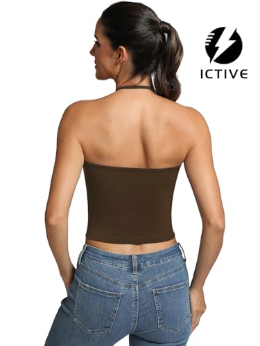 Fihapyli ICTIVE Sports Bras for Women Halter Neck Spaghetti Strap Padded Backless Workout Yoga Running Bra﻿﻿ Coffee S — view 2
