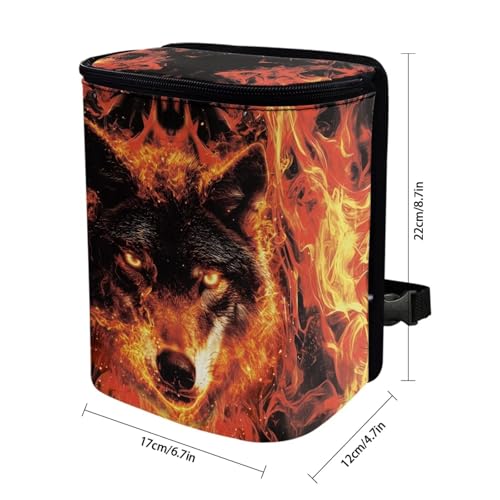 Image of Talayituse Wolf Fire Print Car Trash Can with Lid, Leak Proof Auto Trash Bag Hanging Vehicle Garbage Can Multipurpose Storage Container for Back Seat Road Trip