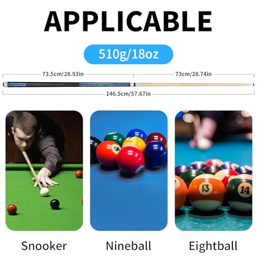 LOTKEY Pool Stick,Pool Cue Sticks 58\'\' Solid Canadian Maple Extra 2 Pool Chalk Included Durable for Professional Billiard Players (Blue) - Thumbnail 6