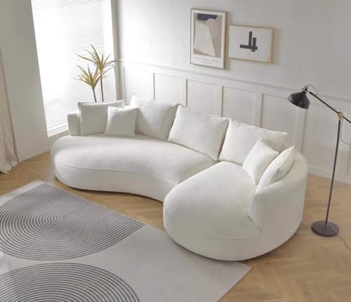 Image of KEIKI 129 inch Luxury Curved Boucle Sectional Sofa with Right Chaise, Upholstered Modern Style Oversized 5-Seater Couch with Thickened Seat Cushions, Easy Assembly, for Apartment, Living Room, White